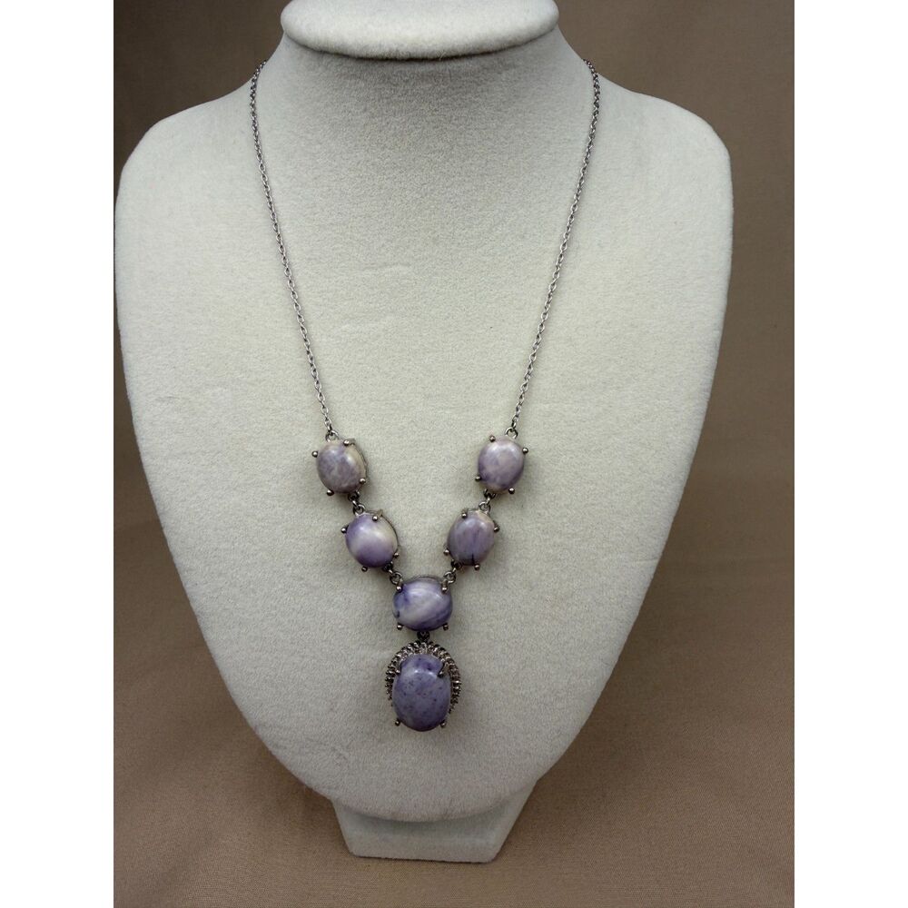 Vintage Sterling Silver 925 Lavender Amethyst Cabochon Y-Drop Necklace